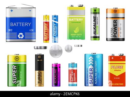 Batterien, Akkumulatoren und Knopfzellen Vektorset. Realistische Primärbatterien verschiedener Typen. 3D Alkali-Zylinder, Akkumulator und Knopfzellen Stock Vektor