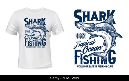 T-Shirt-Print mit Hammerkopf Hai, Vektor-Maskottchen für Angeln oder Tauchclub, Skizze Meer Raubtier Tier und blaue Typografie auf weiße Kleidung templa Stock Vektor