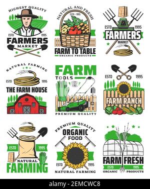 Landwirtschaft Landwirtschaft Symbole, Bauernhof Feld und Landwirt Ernte Traktor, Vektor. Bauernhof Scheune, Gartenplantage und Ackerland Ranch, Bio-Lebensmittelmarkt Zeichen Stock Vektor