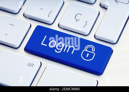 Login Word und Lockpad auf blauer Computertastatur. Technologie-Sicherheit oder Hacking-Konzept Stockfoto