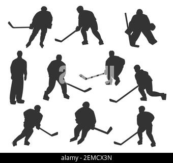 Eishockey-Sportspieler Vektor Silhouetten. Spielen zu Eishockey-Torwart, vorwärts, Flügelspieler und Verteidiger Spieler, Schiedsrichter mit Puck und Stick in Mo Stock Vektor