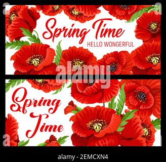 Hallo Frühling Vektor-Banner mit Mohn Blumen Rahmen. Frühlingszeit Weihnachtsfeier, blühende Blumen und rote Blütenblätter Bouquet Stock Vektor