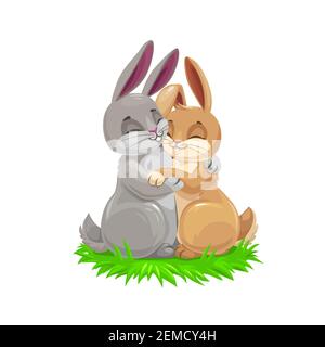 Ostern Cartoon Hase Paar, Urlaub egghunting Vektor-Design. Ostereier jagen graue und braune Kaninchen Tiere umarmen auf grünem Gras Stock Vektor