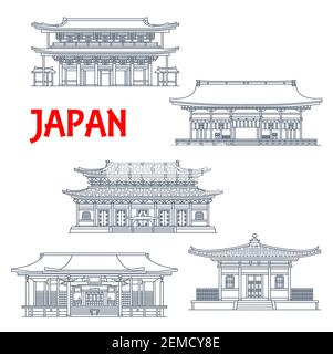 Japanische Tempel, Schreine und Japan Pagoden, Kyoto Buddhismus Architektur Wahrzeichen, Vektor. Ryoan-ji Zen Tempel, Nanzen-ji, Tofuku-ji, Horyu-ji und Fu Stock Vektor