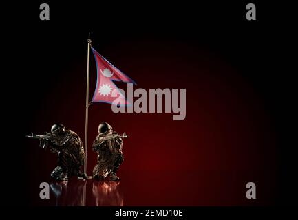 Konzept des militärischen Konflikts mit Soldaten Statuen und winkende Nationalflagge von Nepal. Illustration der Coup-Idee. Stockfoto