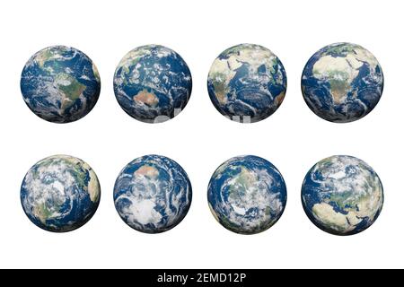 Set von Planet Erde isoliert auf weißem Hintergrund mit Beschneidungspfad. Elemente dieses Bildes, die von der NASA eingerichtet wurden. 3D Rendern Stockfoto