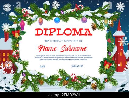 Kinder Diplomausbildung, weihnachtsgeschenk-Zertifikat mit Tannenbaum-Rahmen mit Girlande, Kugeln und Süßigkeiten Stöcke geschmückt, Schneeflocken fallen im Winter c Stock Vektor