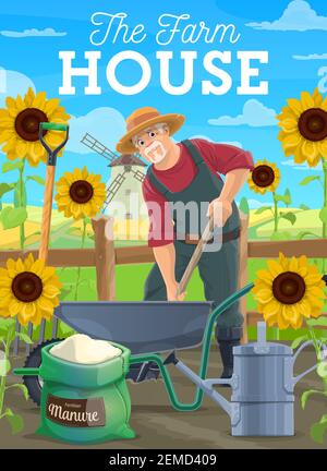 Landwirt befruchten Boden, Landwirtschaft funktioniert. Vector Arbeiter Graben Boden düngen mit Dünger Garten mit Sonnenblumen. Ernte, landwirtschaftliche Sorten Stock Vektor