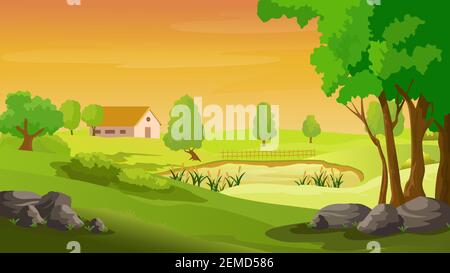 Ländliche Landschaft mit den Häusern und Bergen und Hügeln, Vektor-Illustration. Stock Vektor