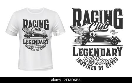 Vintage Rennwagen T-Shirt Druck Vektor Mockup. Fahrer fahren geflügelte Roadster, Geschwindigkeit Sportwagen auf der Strecke. Oldtimer Racing Club, Auto Sport ent Stock Vektor