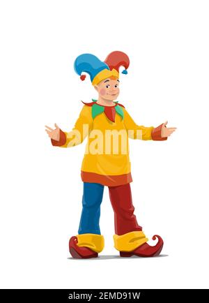 Chapiteau oder Big Top Circus Clown Charakter. Clown mit Gesicht Make-up, tragen bunte Kostüm mit langen Hosen, Mütze und Glocken Hut, gelockte Zehen Schuhe. J Stock Vektor
