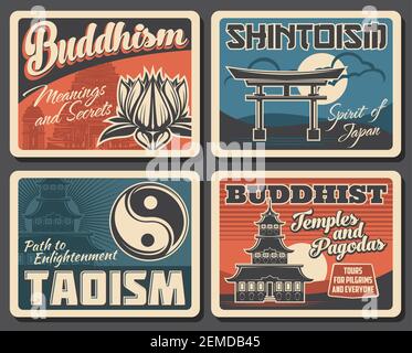 Japanischer Buddhismus, Shintoismus und Taoismus Religion Vektor Vintage Plakate. Japanische buddhistische religiöse Reisen und Pilgerreisen zu Heiligtümern, Shin, anzubeten Stock Vektor