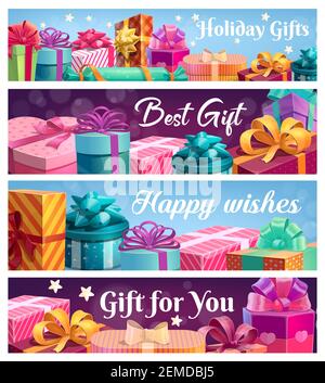 Festliche Geschenke, Vektor-Geschenkboxen mit bunten Bändern und Schleifen verpackt. Feiertage Geschenke für Weihnachten, Geburtstag, Boxing Day oder Valentinstag Urlaub c Stock Vektor