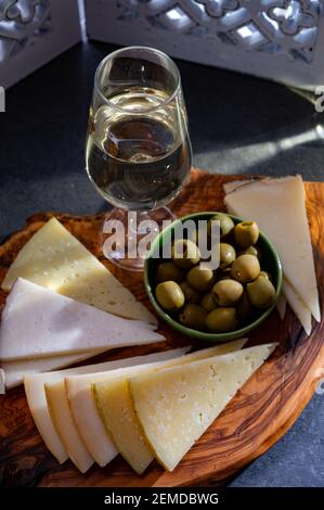 Verkostung von andalusischem fino-Sherry-Wein mit traditionellen spanischen Tapas, grünen Oliven, Mangokäse für Ziegen und Schafe Stockfoto