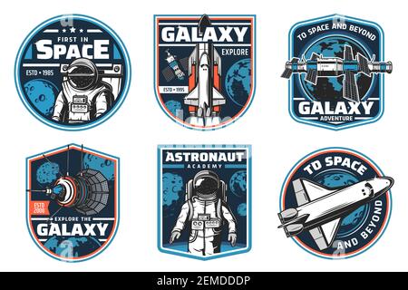 Astronaut Akademie, Galaxie erkunden Vektor-Symbole. Space Shuttles Expedition, Exploration und Abenteuer, Satelliten im Weltraum. Kosmos Entdecker und Stock Vektor