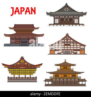 Japanische Tempel und Schreine Gebäude, Japan Pagoden Häuser, Architektur Wahrzeichen von Kyoto. Vektor-Ikonen von Sanjusangen-do, Tenryuji, Myosenji und Stock Vektor