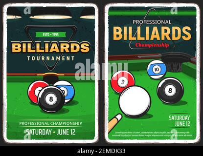 Billard Pool Spiel, Snooker-Meisterschaft und Turnier Vektor Retro Vintage Poster. Billard und Billard am Pool, Sportspiel-Queues, 8 8 b Stock Vektor