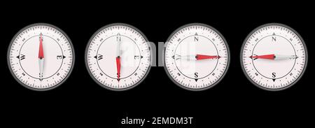 Der Kompass zeigt Nord, Süd, West und Ost. 3D Vektorgrafik isoliert auf schwarzem Hintergrund. Stock Vektor