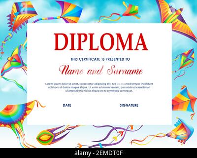 Schule Diplom Vektor-Vorlage mit Cartoon Drachen fliegen in blau wolkigen Himmel. Bildung Schule oder Kindergarten Student Zertifikat Rahmen für Kitesurfin Stock Vektor