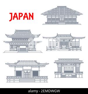 Japanische Gebäude, japanische Tempel, Häuser und Pagoden Architektur Wahrzeichen von Kamakura Kanagawa. Fugenzan Meigetsu-in, Seijoke-in und Jomyo-ji templ Stock Vektor