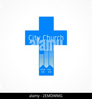 City und Cross blaues Logo Konzept. Buntglas Logo Idee. Religiöse kreative 3D Ikone, christliche Erziehung Symbol. Internet Kirche Schild. Marke, aber Stock Vektor