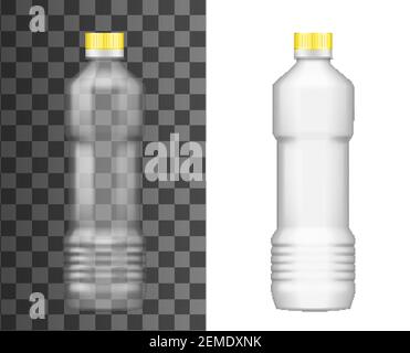 Plastikflasche, Ölpaket, realistische leere Mockup-Schablone, Vektor 3D. Sonnenblumen-, Oliven- oder Maisölflasche mit gelbem Deckel isoliert auf Transpare Stock Vektor