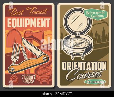 Tourismus-Ausrüstung, Camp Zelt Abenteuer und Tourist, Waldreisen, Vektor-Trekking und Wandern vintage Plakate. Waldcamping, Bergexpedition und Stock Vektor