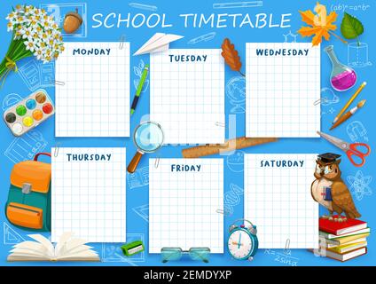 Schule Zeitplan Zeitplan Vorlage, wöchentliche Planer Tabelle, Vektor Schüler Kalender Planer. Zurück zur Schule Design, Bildung Zeitplan Veranstalter Timestab Stock Vektor