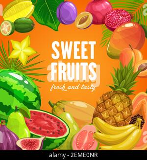 Obst Essen tropische Ananas, Banane und Papaya, Obst Bauernhof Markt Vektor Poster. Tropische Sommer exotische Früchte Mango, Wassermelone, Guava und Feigen, Stock Vektor