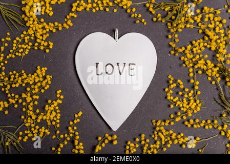 Damen Tag Konzept, gelbe Mimosa Blumen auf schwarzem Hintergrund mit Herz mit Liebe Text. Frauentag und 8 märz Konzept. Stockfoto