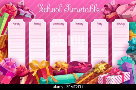 Schule Zeitplan mit Geschenkboxen Vektor-Vorlage. Unterrichtsplaner, Wochenplan, Stundenplan mit Herz, Süßigkeiten und Würfel Form geschenkboxen, verpackt in p Stock Vektor