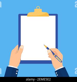 Man hält eine Zwischenablage und schreibt. Stock Vektor