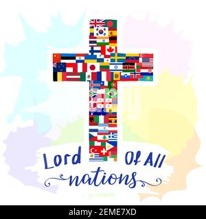 Kreatives Kreuz mit Weltflaggen und Kalligraphie Herr aller Völker. Ostersonntag Gratzen. Moderner Kunststil mit Pinselstrichen. Isolierte Abstraktion Stock Vektor