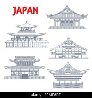 Japan Gebäude, japanische Tempel und Schrein Pagoden Architektur Wahrzeichen von Kyoto. Sanjusangen-do, Tenryu-ji, Myosen-ji, Shiseizen und Kinkaku-ji o Stock Vektor