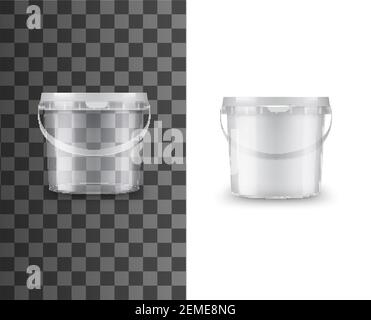 Eimer aus Kunststoff, Lebensmittelverpackung Behälter, Vektor weiß, blank 3D mockup. Paint Eimer oder runde Box Pack, transparente Wanne Topf oder Glas mit Griff und l Stock Vektor