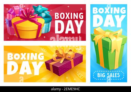 Boxtag Geschenkboxen, Vektor-Weihnachtsgeschenke mit Bändern und Konfetti auf bunten Hintergrund. Weihnachten Weihnachtsfeiertag Winterurlaub Saisonfeier, Stock Vektor