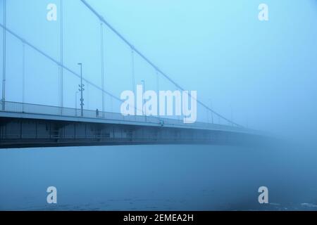 Elisabethbrücke im geheimnisvollen Nebel über der eisigen Donau in Budapest, Ungarn; Farbfoto Stockfoto