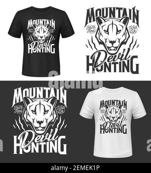 Puma puma Tshirt Print oder Tattoo, Vektor Maskottchen. Bekleidungsmockup mit Berglöwenkopf. Safari, Sport oder Jäger Club T-Shirt einheitliche Vorlage mit Stock Vektor