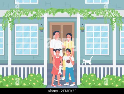 Glückliche Familie posiert auf Haus Terrasse flache Farbe Vektor Illustration Stock Vektor