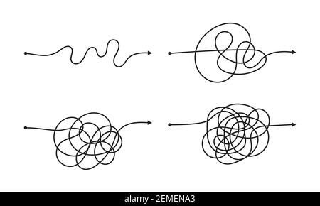 Komplexe und einfache Art und Weise von Anfang bis Ende Vektor-Illustration Set. Chaos Vereinfachung, Problemlösung und Suche nach Geschäftslösungen Herausforderung CO Stock Vektor