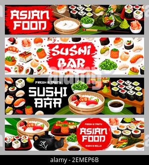 Asiatische Speisen Sushi und Brötchen, japanische Restaurant oder Bar Vektor Banner. Japanische Meeresfrüchte-Küche rollsm Sashimi, Maki oder uromaki. Futomaki, Kaviar Ikura, Stock Vektor