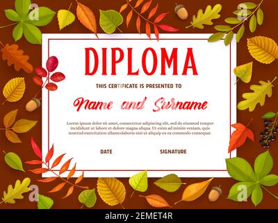 Bildungszertifikat mit Herbstblättern, Kinder Diplom für Schule oder Kindergarten Vektor-Vorlage. Kinderpreis Border Design, Diplom für Teilnahme Stock Vektor
