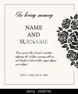 Bestattungskarte Vektor-Vorlage, vintage condolence Nachruf mit Typografie in liebevoller Erinnerung und vintage Rose Blumen, Ort für Name, Geburt und Tod d Stock Vektor