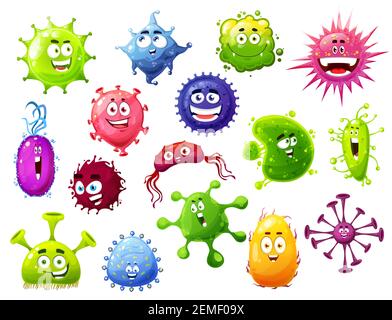 Cartoon-Viren, Vektor niedlichen Bakterien und Keime Zeichen mit lustigen Gesichtern. Lächelnde Erreger Mikrobe Monster mit großen Augen, bunte Zellen mit Teet Stock Vektor