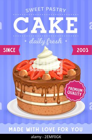 Kuchen, Süßgebäck und Desserts, Vektor-Bäckerei und Konditorei Produktion. Konditorei von Hand dekorierter Kuchen oder Cupcake mit Erdbeere, Sahne und Top Stock Vektor