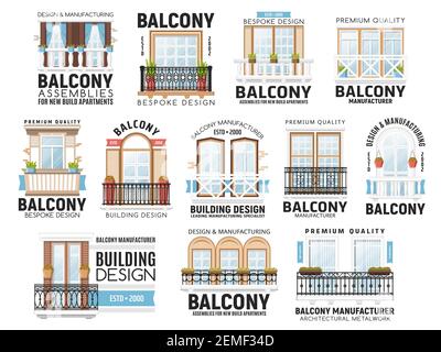 Vektorsymbole für Fenster und Balkone. Haus außen oder innen, Wohngebäude Architektur Design-Elemente. Haus Fassade Balkone mit Fenstern, d Stock Vektor