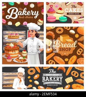Bäckerei, Brot und Konditorei Vektor-Set mit Bäcker und Süßspeisen. Mann und Frau Konditor Cartoon-Figuren mit Kuchen, Baguette, Croissant und c Stock Vektor