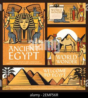 Antike Ägypten Plakate, Vektor große Pyramiden von Gizeh, Sphinx und ägyptischen Gottheiten Götter Anubis, Amun und Hathor mit Thoth, Göttin Ausar in der Nähe von Abu Simb Stock Vektor