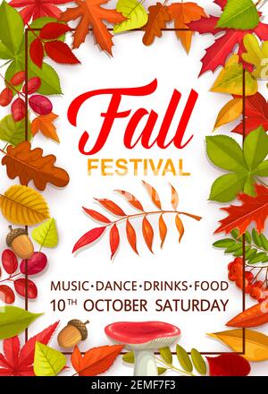 Herbst-Festival-Flyer mit hellen Baumblättern und Pilzen, Vektor-Einladungsvorlage für Herbstsaison Party-Feier mit Musik und Tanz. Carto Stock Vektor