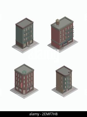 Set von Vektor isometrischen gotischen Häusern. Vektor-Illustration von Vintage Wohnblock. New York Block. Brooklyn Apartment. Isoliert. Stock Vektor